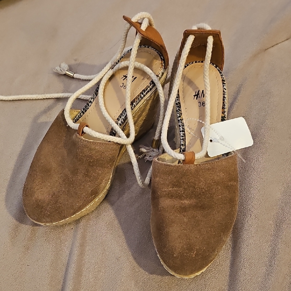 H&M Tan/Brown Suede Espadrille Lace-Up Flats